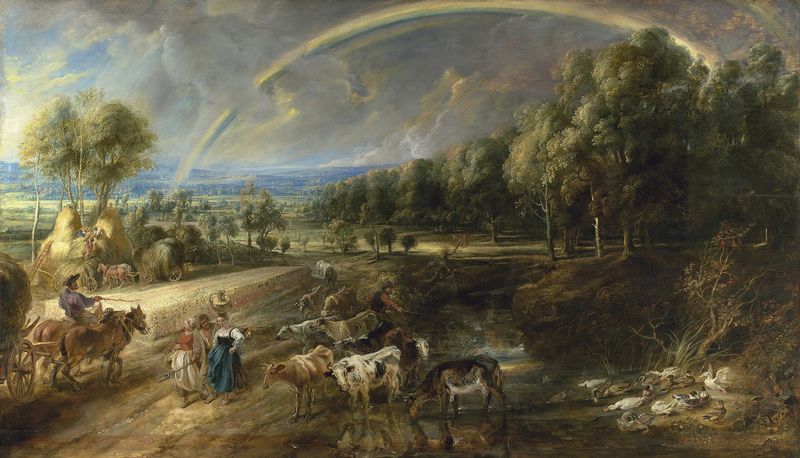 El Paisaje Arcoíris de Peter Paul Rubens, óleo sobre lienzo, presenta un arcoíris sobre un paisaje exuberante.