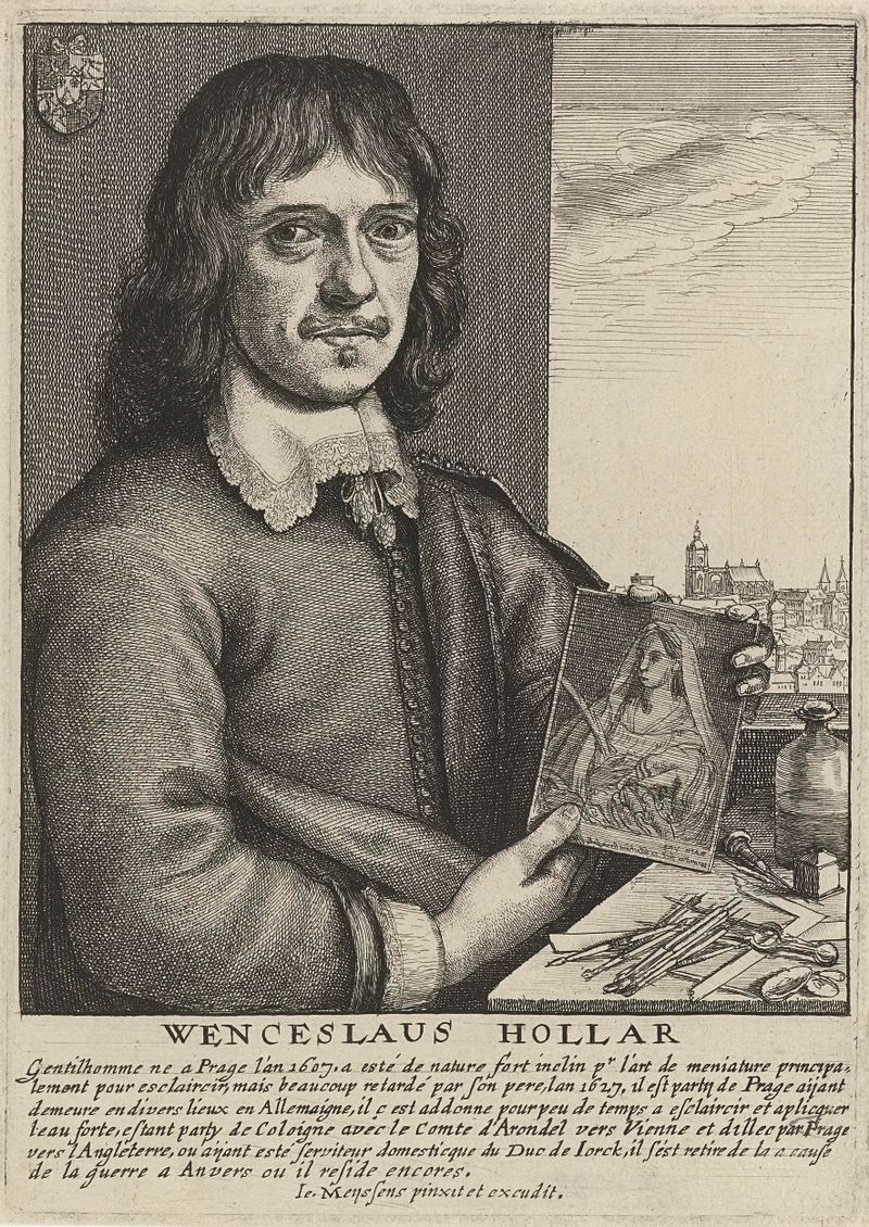 Autorretrato em gravura de Wenceslaus Hollar com um olhar contemplativo.