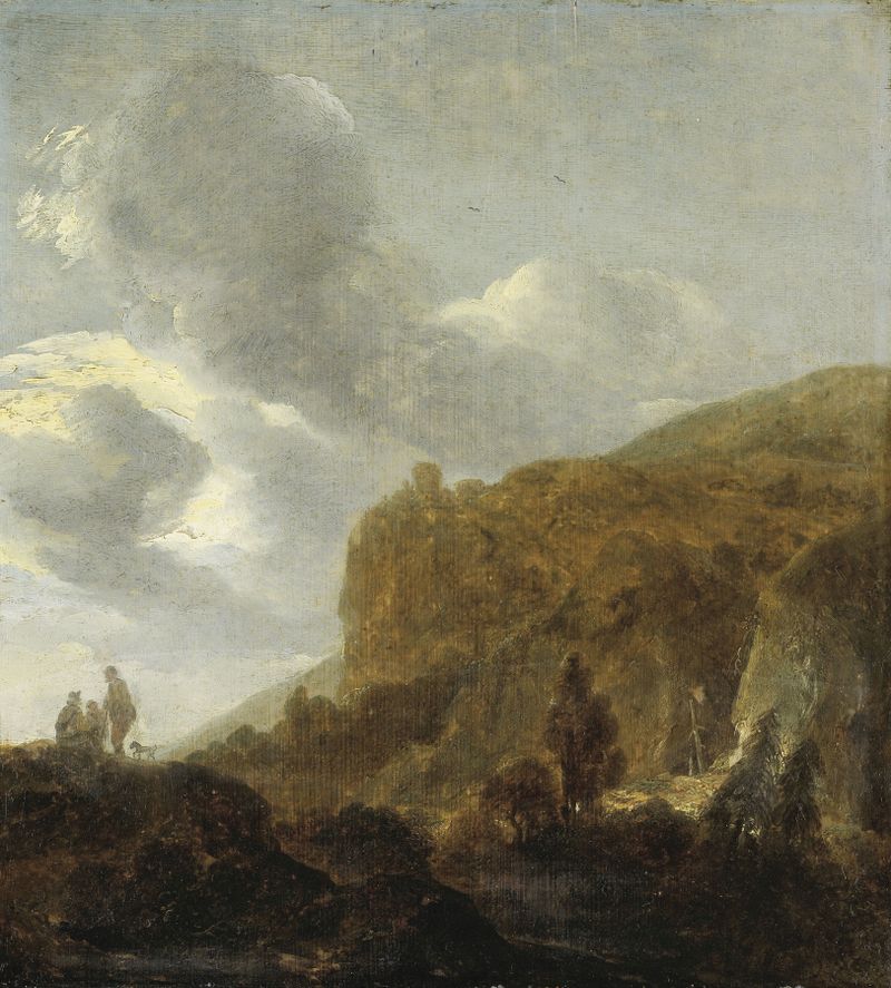 Paisagem montanhosa com picos e vales de Guillam Dubois, pintura a óleo