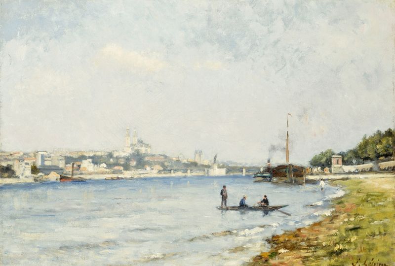 La Seine, à Passy de Stanislas Lépine, óleo sobre lienzo que muestra un río al atardecer.