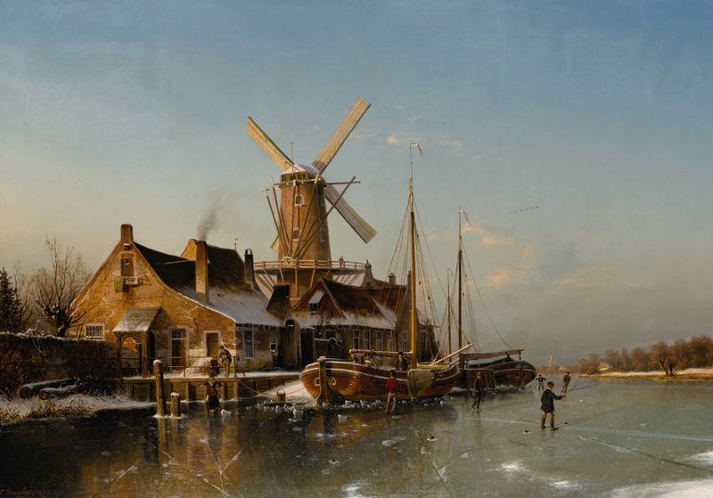 Winter landscape with a mill on a frozen river, oil on canvas by Johannes Bertholomäus Duntze.