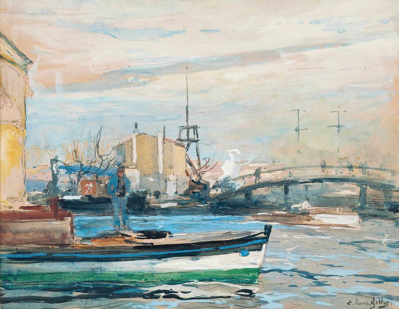 Bateau sur la Siene by Eugène Louis Gillot, oil on canvas depicting a boat on the river Seine.