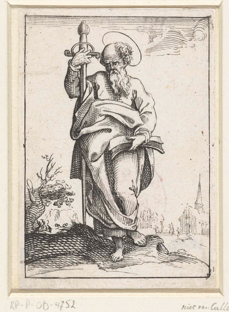 Retrato do Apóstolo Paulo, gravura de Nicolas de Son, iluminado por luz etérea e sombra.