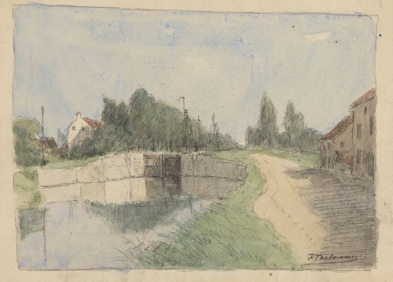Canal de Louvain à Malines de Jean-François Taelemans, pintura a óleo que retrata uma paisagem tranquila.