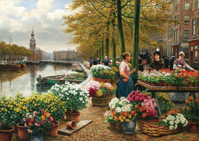 Um Mercado de Flores em Amsterdã por Henri Houben, pintura a óleo com flores vibrantes.