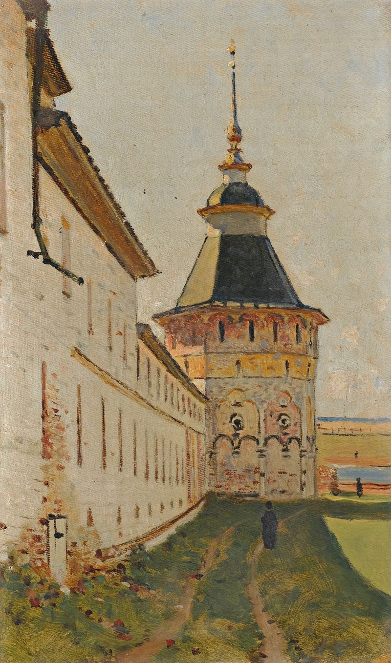 Monastery Tower by Vasily Vereshchagin, oil on canvas, featuring a tower against a stormy sky.