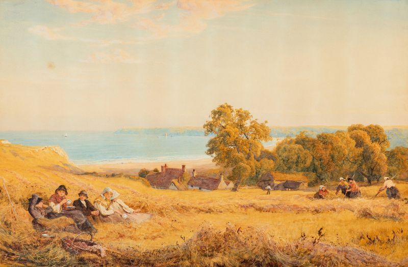 Escena de hacer heno de Robert Thorne Waite, realismo, mostrando trabajadores en luz dorada