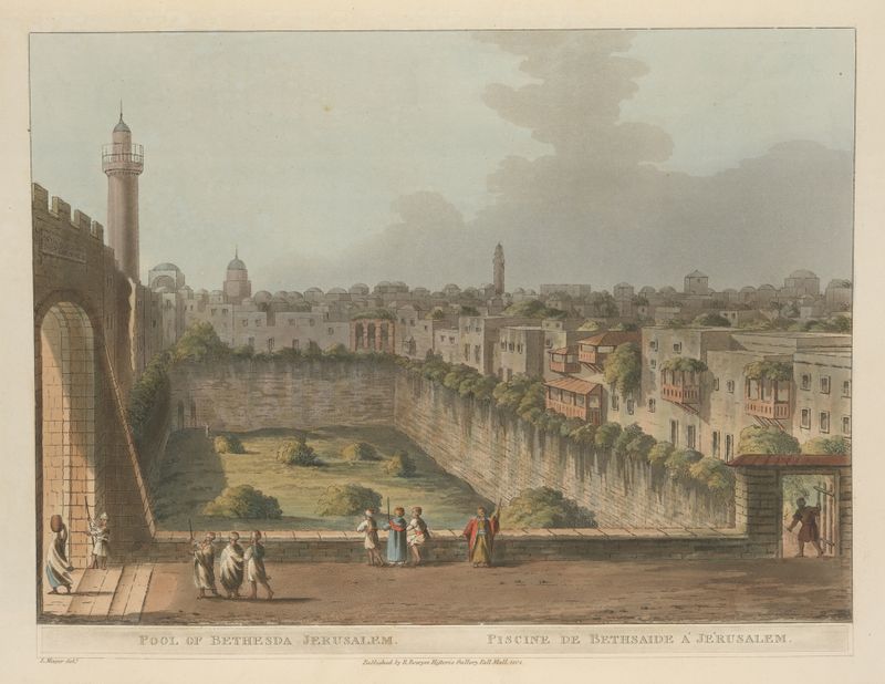Pool of Bethesda Jerusalem de Luigi Mayer, pintura al óleo que representa figuras junto al agua.