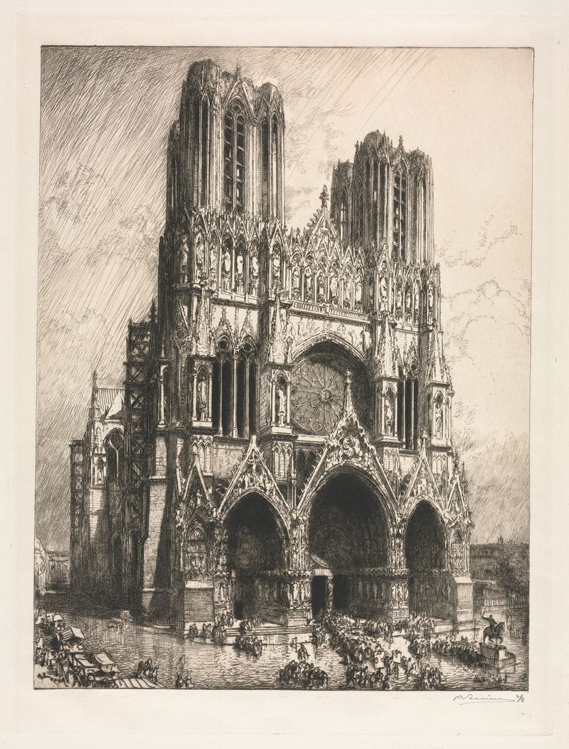 Grabado de Reims Cathedral de Auguste Louis Lepère que muestra agujas góticas y luz sagrada.