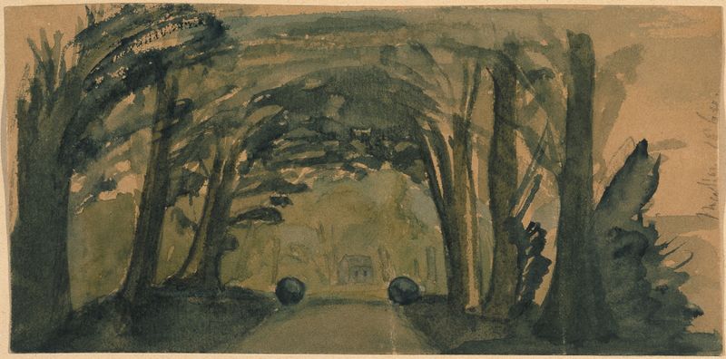 Grabado de Francis Seymour Haden que representa Mytton Hall con árboles y un camino sinuoso