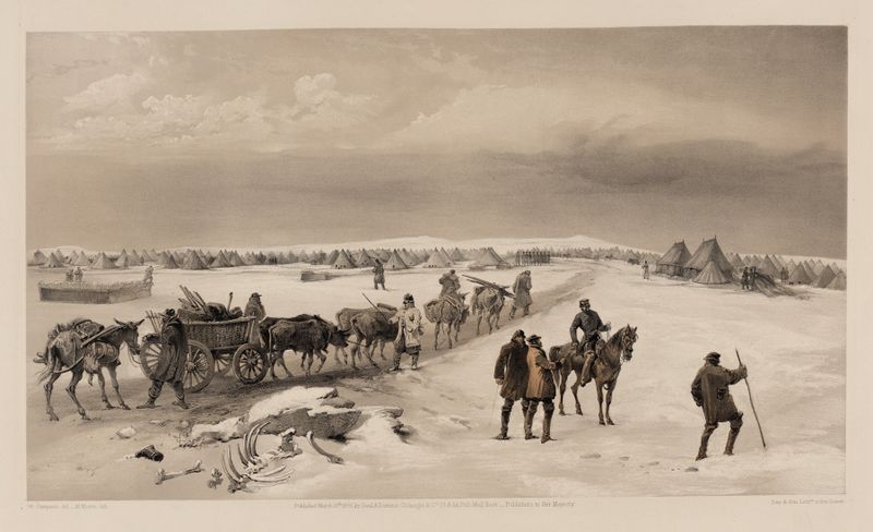 Paisagem histórica representando acampamentos militares, pintura a óleo de William Simpson
