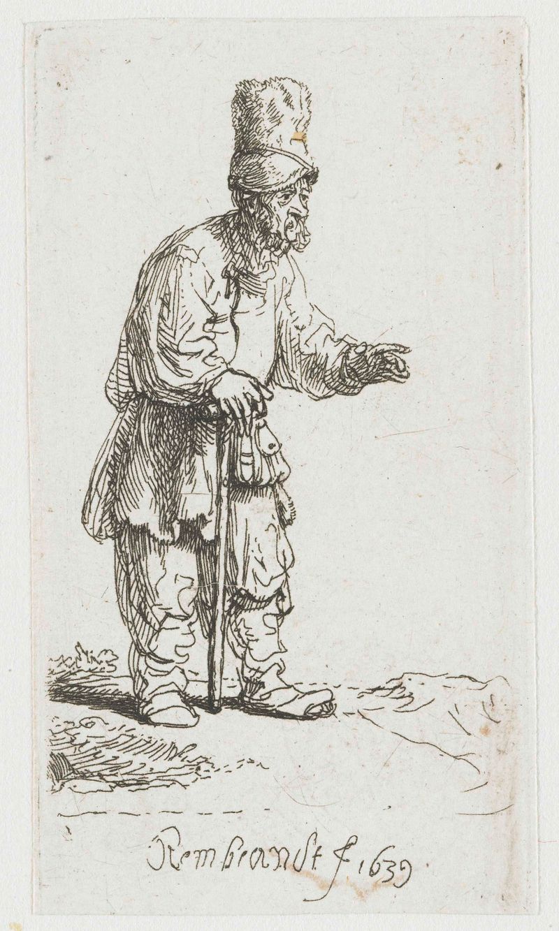 Gravura de Rembrandt van Rijn mostrando um camponês com um chapéu alto apoiado em um bastão