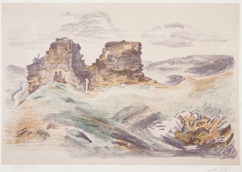 Landscape featuring a castle and hills by Andrzej Zygmunt Oleś, oil painting