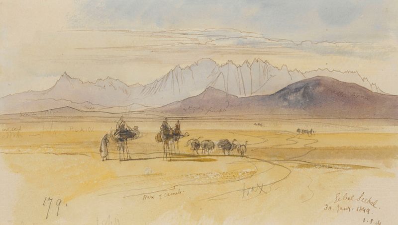 Gebel Serbal, Egipto de Edward Lear, pintura al óleo que muestra montañas escarpadas y un cielo tormentoso
