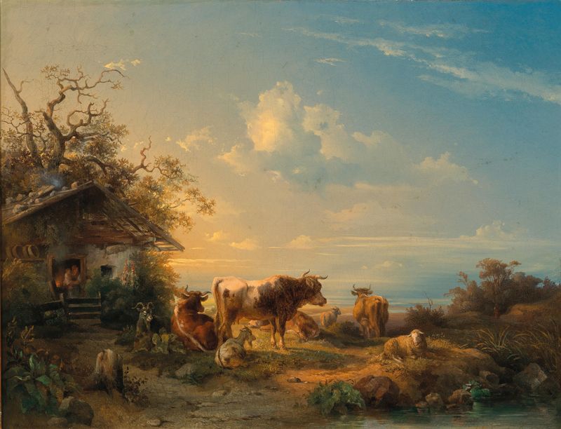 Cows in a meadow, oil on canvas by Edmund Mahlknecht, depicting grazing cows under sunlight.