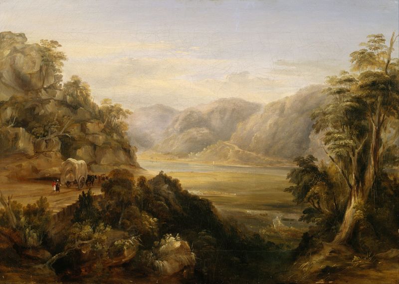 Ferry on a river, oil painting by Conrad Martens