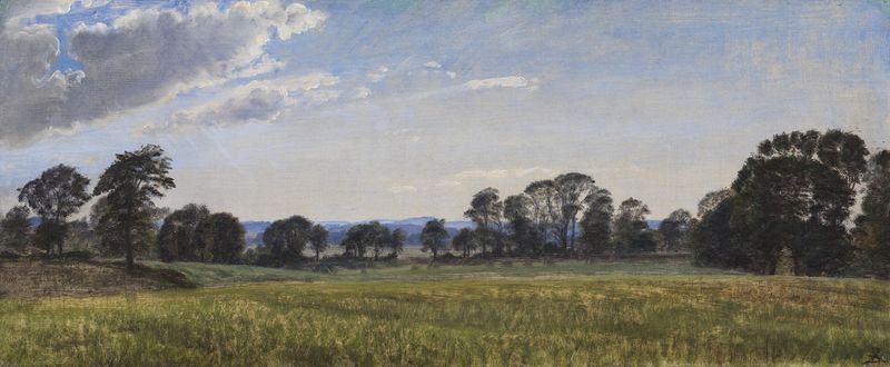 Landscape with rolling hills in green and gold by P. C. Skovgaard, oil on canvas