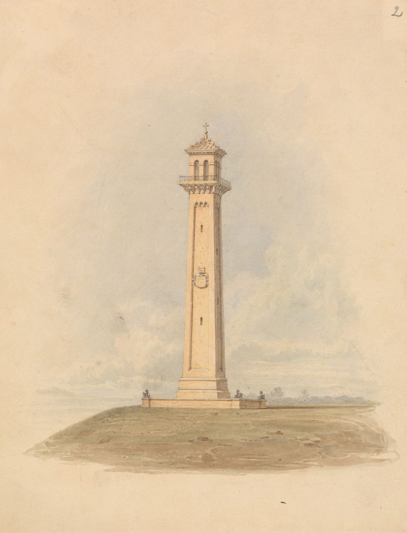 Design for a Monument by Lewis Vulliamy, ink on paper, featuring bold geometric shapes and intricate lines.