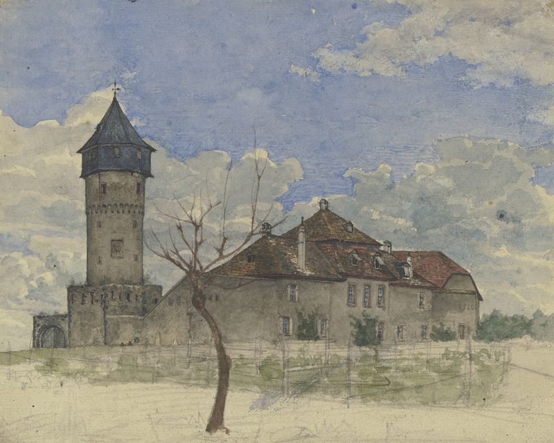 La torre de vigilancia en Sachsenhausen, pintura al óleo de Heinrich Rumbler