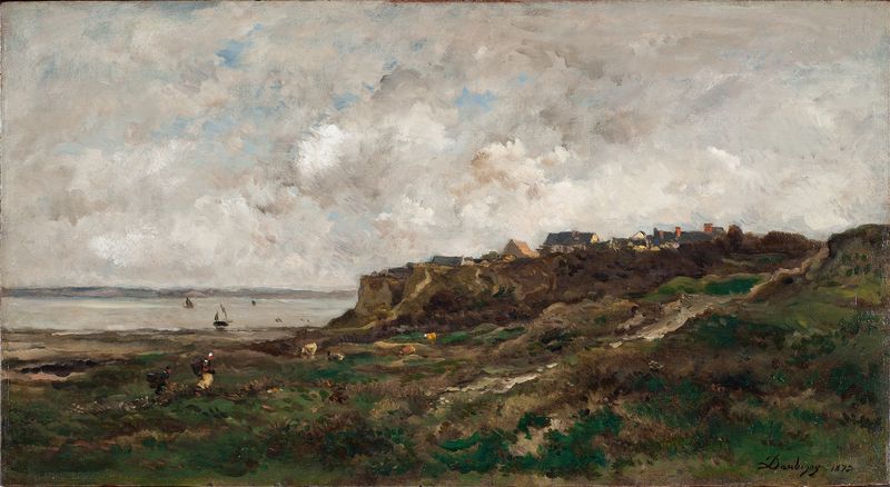 Bajo la Marea en Villerville, óleo sobre lienzo de Charles François Daubigny, que representa una tranquila costa.