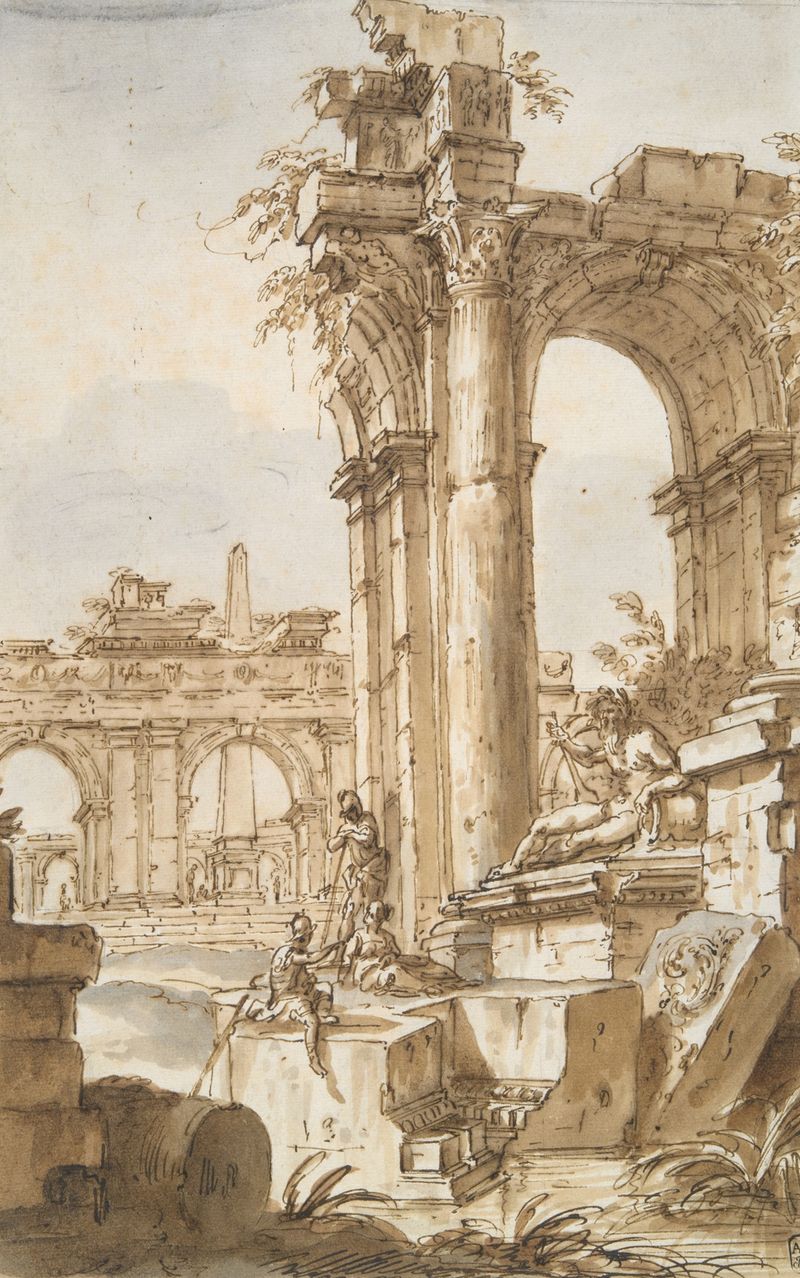 A Roman Capriccio by Giovanni Paolo Panini, Rococo, depicting ruins and figures under a colonnade.