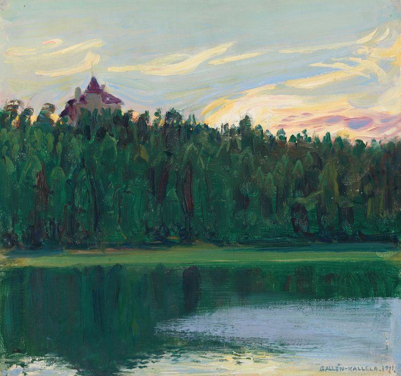 Lakeside Landscape de Akseli Gallen-Kallela, pintura a óleo que retrata um lago tranquilo e a costa.