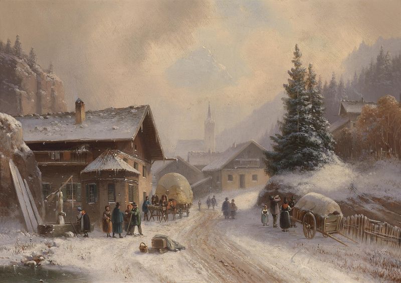 Paisaje invernal con un camino cubierto de nieve de Anton Doll, óleo sobre lienzo