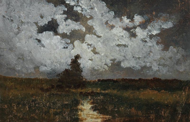 Nachtstimmung by Anton Waldhauser, oil on canvas depicting a night landscape with deep blue tones.