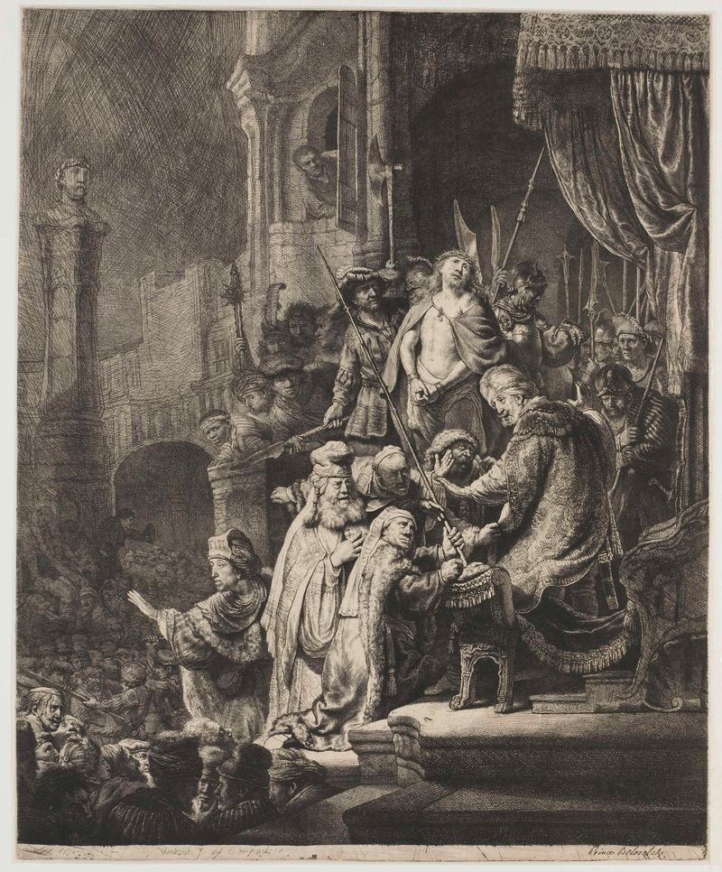 Grabado de Rembrandt van Rijn que muestra a Cristo ante Pilato con luz dramática y una figura solemne.