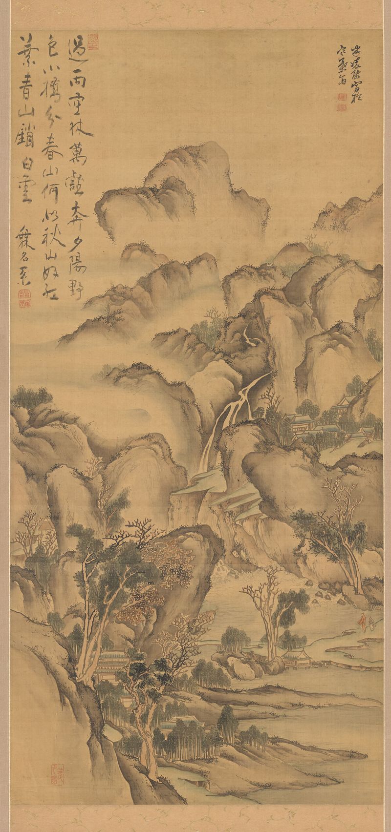 Paisagem de Outono de Takebe Ayatari, meio de seda, retratando árvores e um céu colorido