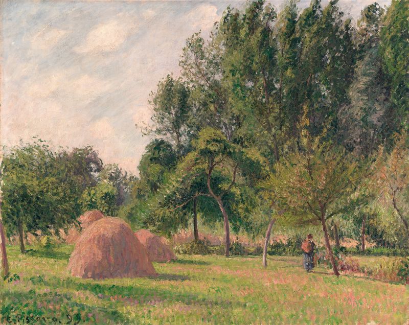 Montes de feno na luz da manhã, pintura a óleo de Camille Pissarro