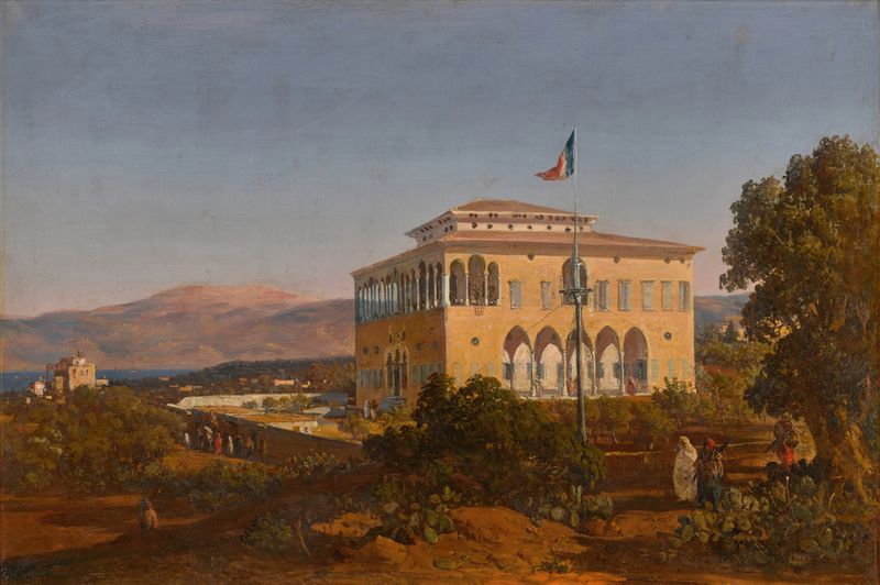 Pintura a óleo de paisagem de Louis Lottier representando ruínas com luz e sombra.