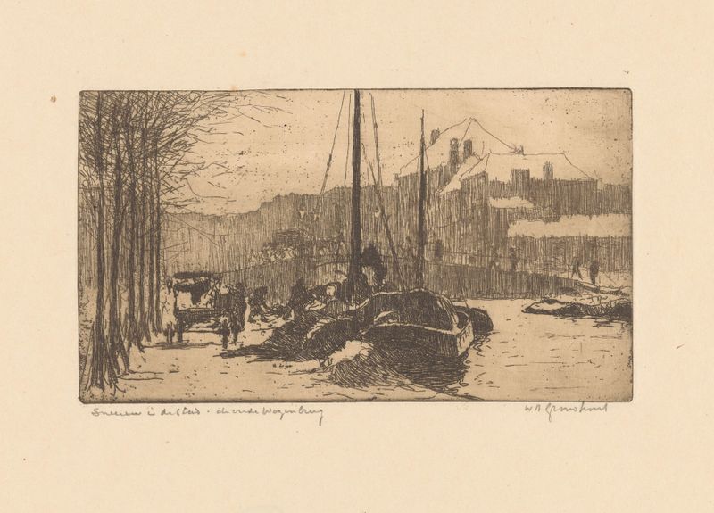 Paisaje invernal con nieve en la ciudad, óleo sobre lienzo de Willem Adrianus Grondhout