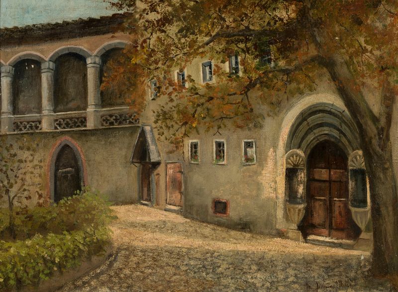 Urban landscape by Marie Ibsen Jensen, impressionism, depicting muted buildings and cobblestones
