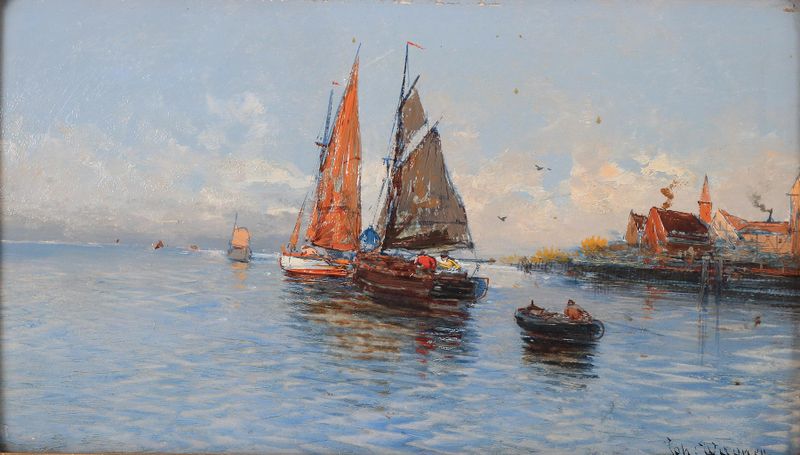 Fischerboote II by Hans Johann Wagner, oil painting depicting boats swaying on water