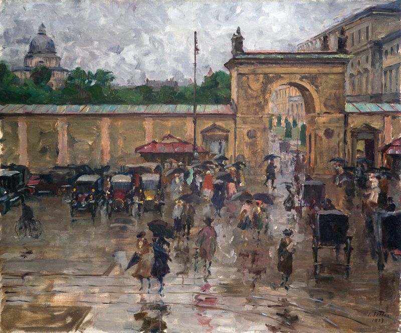 Odeonsplatz in the rain, oil on canvas by Charles Vetter