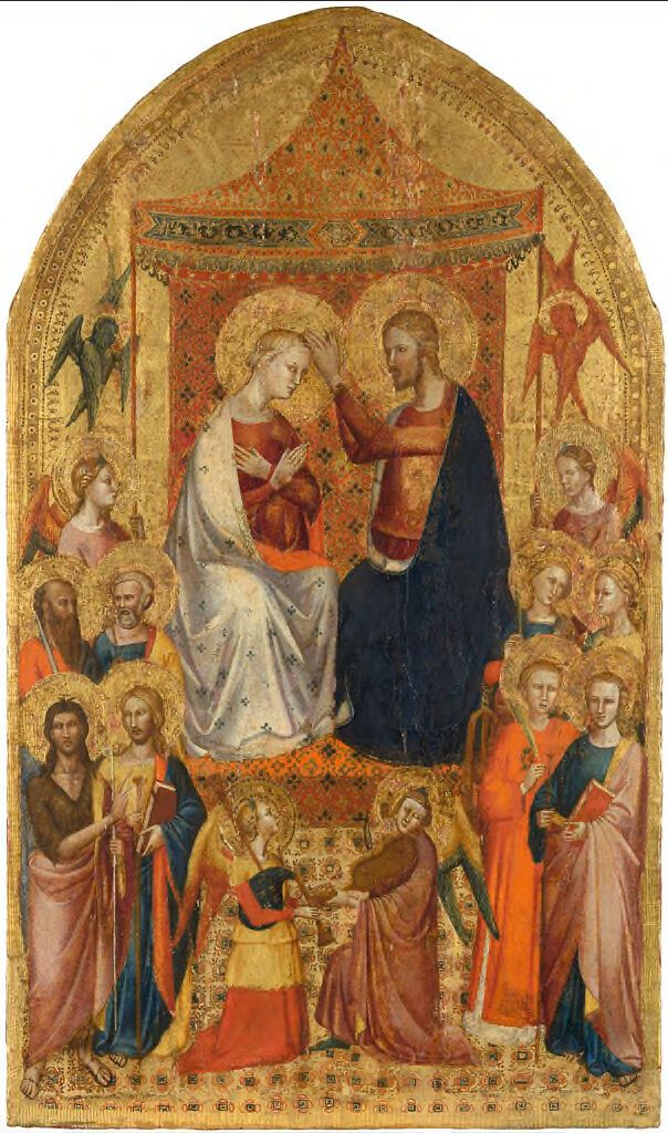 Coroação da Virgem, têmpera sobre painel de Master of the Orcagnesque Misericordia