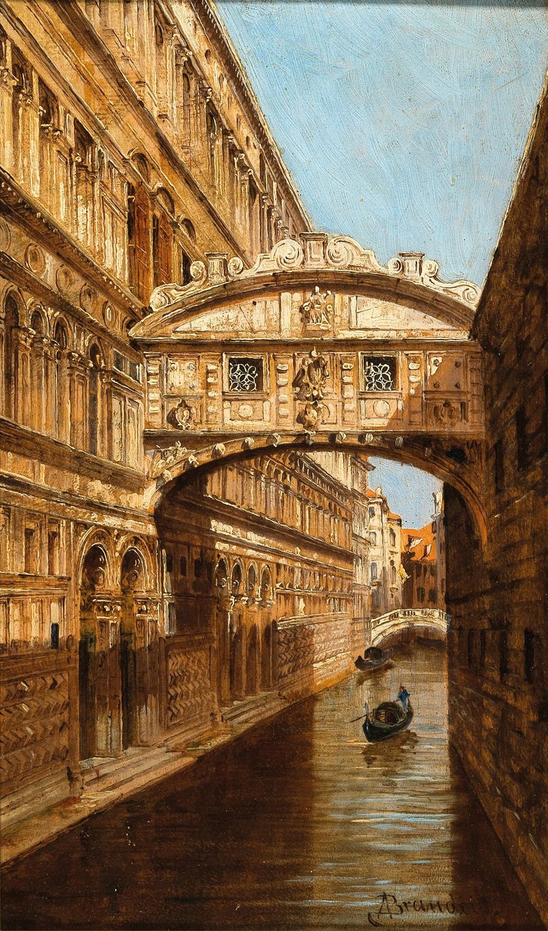 Venice, Le ponte dei Sospiri by Antonietta Brandeis, oil painting depicting the bridge at sunset.
