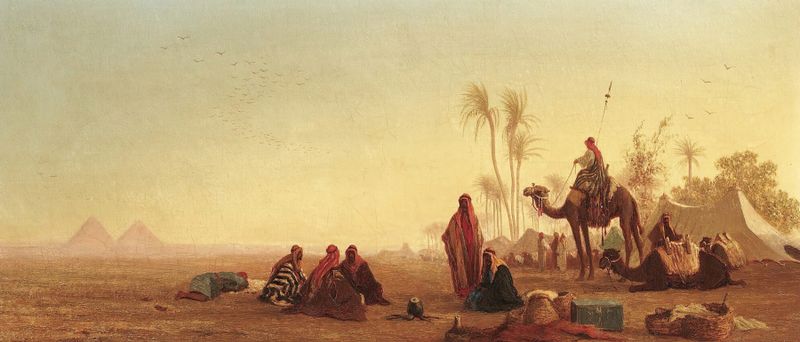 Halte À L’oasis de Charles Théodore Frère, pintura al óleo que representa un paisaje vibrante de un oasis.