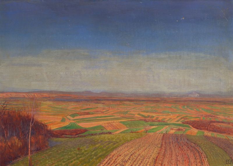 Marchfeld Vom Bisamberg de Ernst Eck, óleo sobre tela representando uma paisagem serena da Áustria.