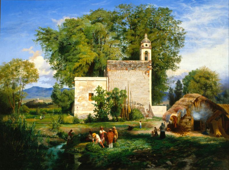 Paisagem de San Cristóbal Romita, óleo sobre tela de Luis Coto mostrando um céu turbulento sobre uma vila.