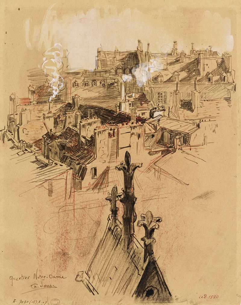 Techos en el barrio, pintura al óleo de Charles Jouas