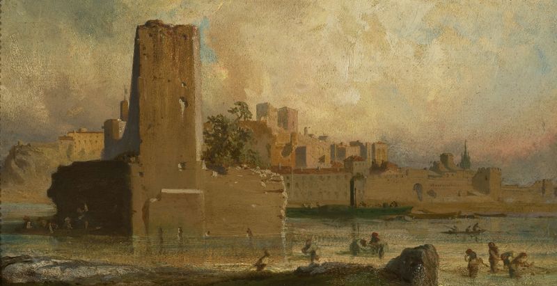 Escena marina al amanecer con barcos y reflejos, pintura al óleo de Teofil Kwiatkowski