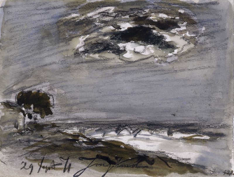 Marine par gros temps de Johan Barthold Jongkind, pintura a óleo de ondas tumultuosas e céu tempestuoso.