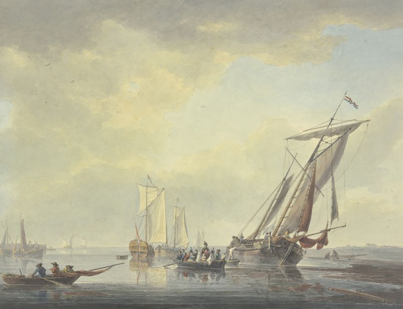 Oil painting by Arie Lamme depicting a boat with military personnel approaching the shore.