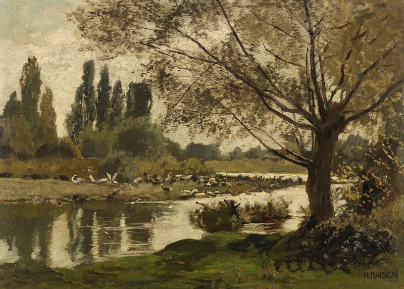 Flußlandschaft mit Vögeln und Weide, oil on canvas by Hermann Baisch, depicting a serene river landscape.
