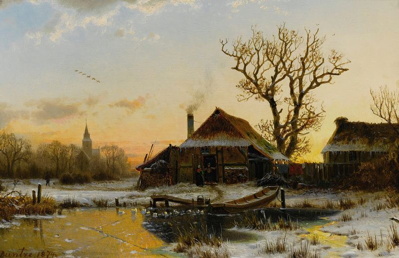 A Winter Twilight, oil painting by Johannes Bertholomäus Duntze, depicting a snowy landscape at twilight.