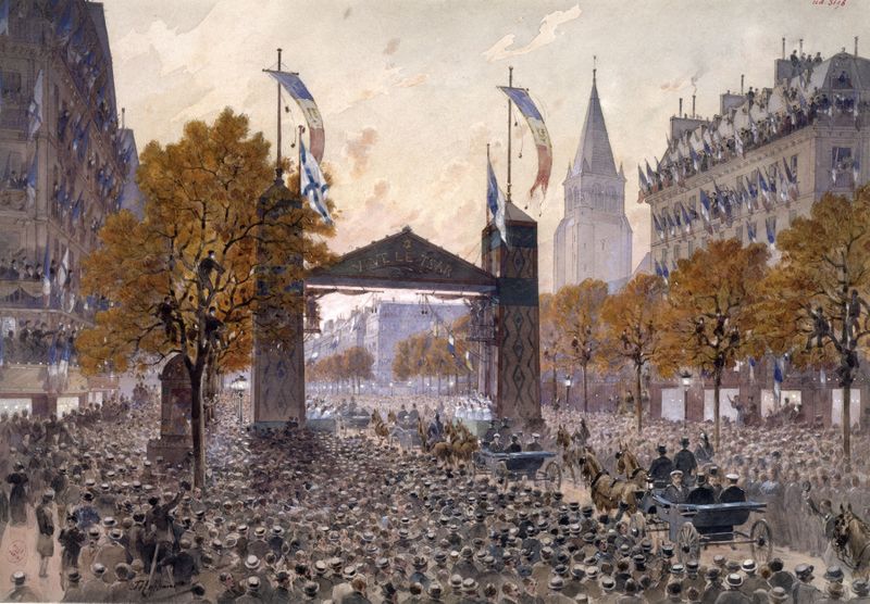 Escena histórica con una multitud celebrando en París, óleo sobre lienzo de Fédor Hoffbauer.