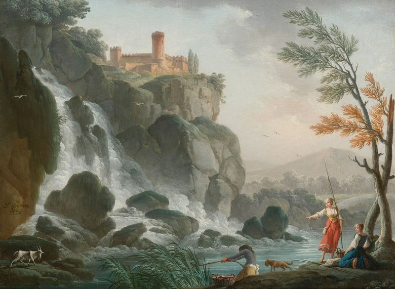 Fishing At The Edge Of A River With A Waterfall, oil painting by Charles-François Grenier De Lacroix