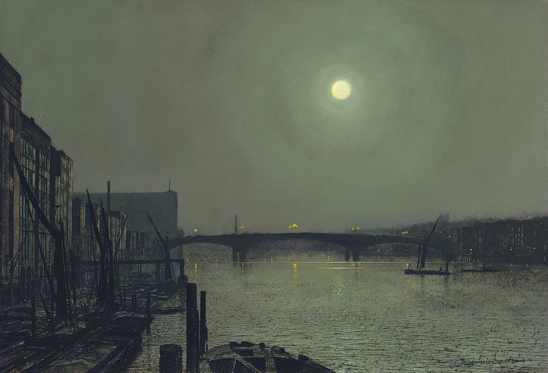 Southwark Bridge from Blackfriars, óleo sobre tela de John Atkinson Grimshaw, retratando uma cena ao crepúsculo.